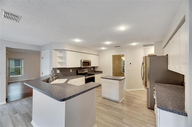 kitchen with kitchen peninsula, appliances with stainless steel finishes, white cabinetry, light hardwood / wood-style floors, and sink