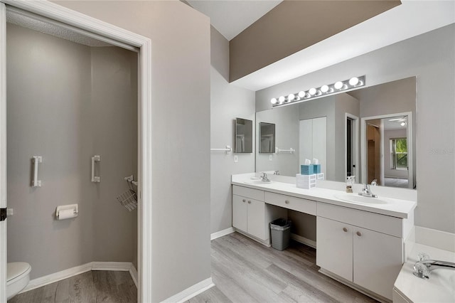 bathroom featuring toilet, hardwood / wood-style floors, and vanity