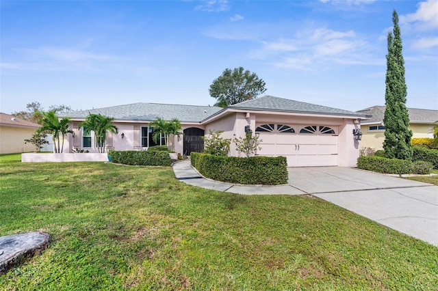 ranch-style home with a garage and a front lawn