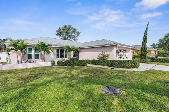 ranch-style home featuring a front lawn