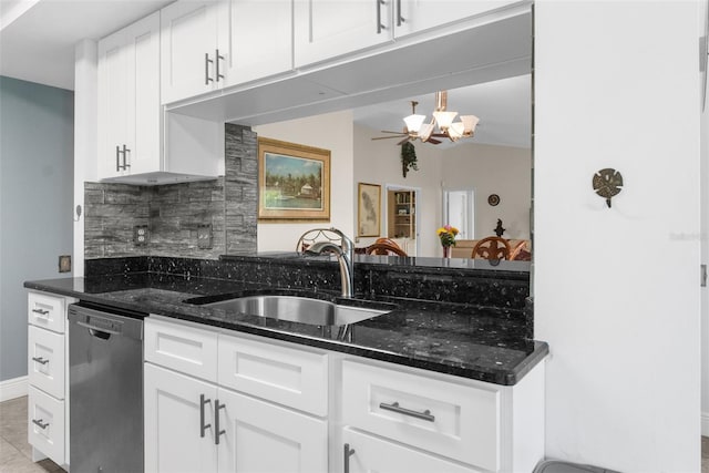 kitchen with white cabinetry, sink, dark stone counters, and dishwasher