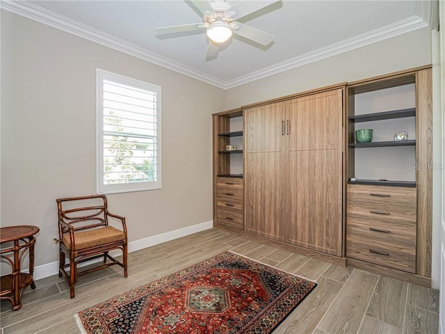 4836 Four Lakes Cir SW, Vero Beach, FL 32968 - sitting room featuring light wood-style floors, crown molding, a ceiling fan, and baseboards