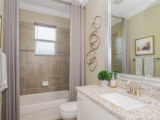 4836 Four Lakes Cir SW, Vero Beach, FL 32968 - bathroom with vanity, ornamental molding, shower / tub combo with curtain, toilet, and visible vents