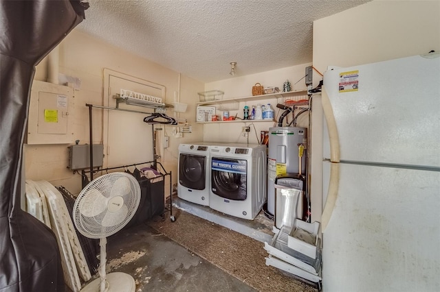 laundry room featuring electric panel, electric water heater, independent washer and dryer, and a textured ceiling