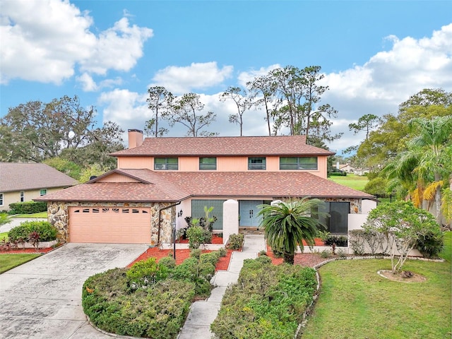 view of front of property featuring a garage and a front lawn