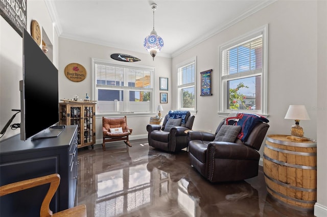 living room with plenty of natural light and ornamental molding