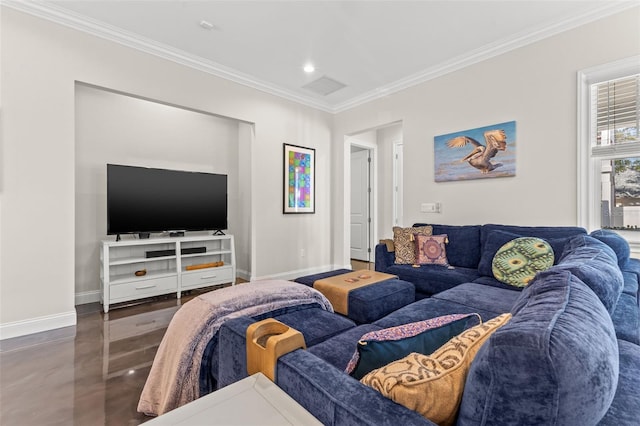 living room with dark hardwood / wood-style floors and crown molding