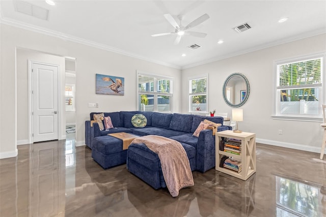 living room with ceiling fan and crown molding