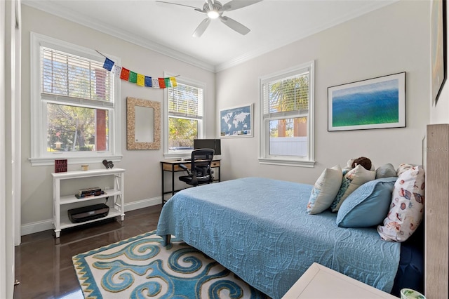 bedroom featuring ceiling fan, dark hardwood / wood-style floors, ornamental molding, and multiple windows