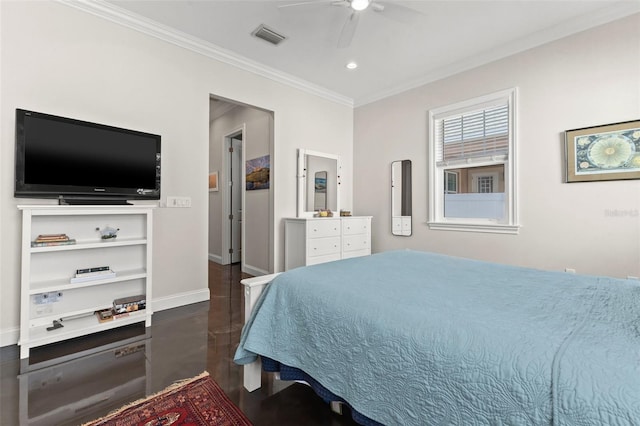 bedroom featuring ceiling fan, dark hardwood / wood-style floors, and ornamental molding