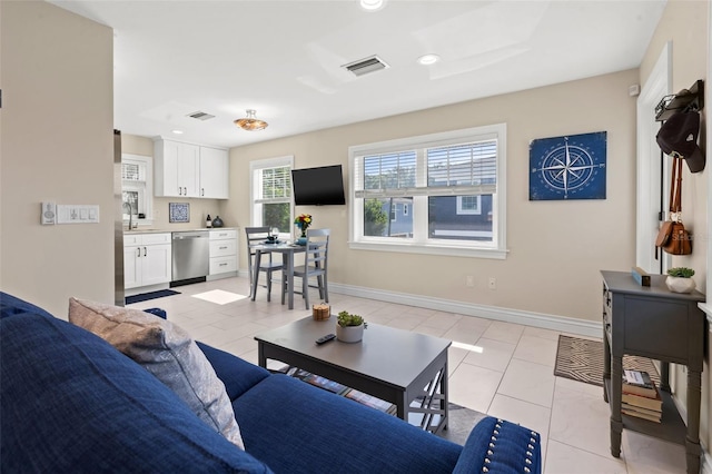 tiled living room with sink