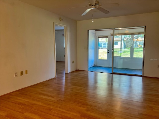 empty room with ceiling fan and light wood-type flooring