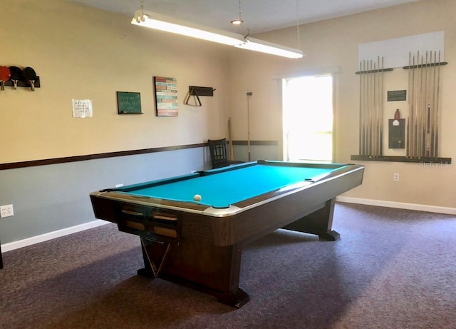 playroom with billiards and dark colored carpet