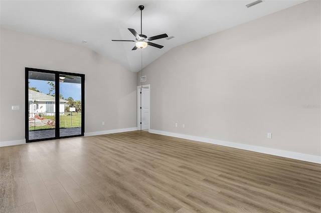 unfurnished room featuring light hardwood / wood-style flooring, high vaulted ceiling, and ceiling fan