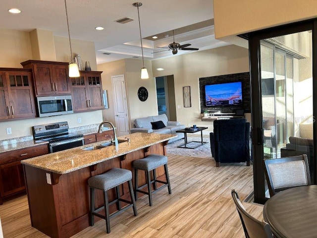 kitchen with hanging light fixtures, ceiling fan, appliances with stainless steel finishes, light hardwood / wood-style floors, and sink