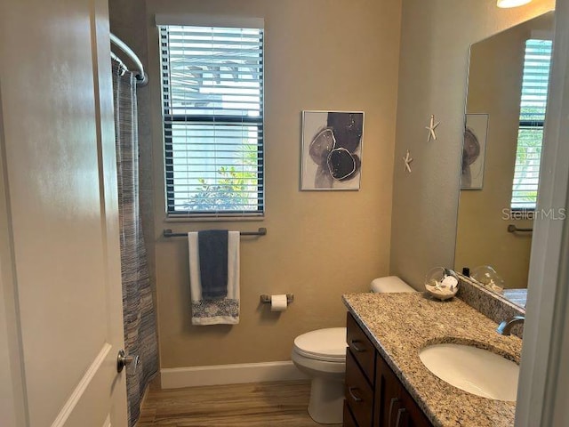 bathroom featuring vanity, toilet, a healthy amount of sunlight, and wood-type flooring