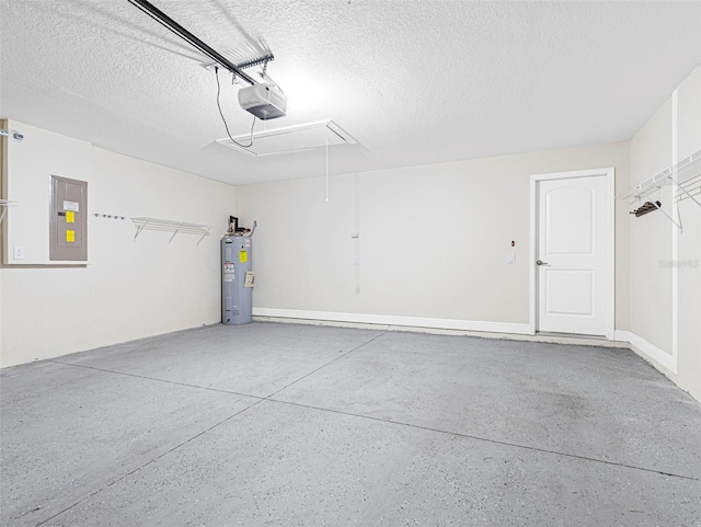 garage with electric water heater, electric panel, and a garage door opener