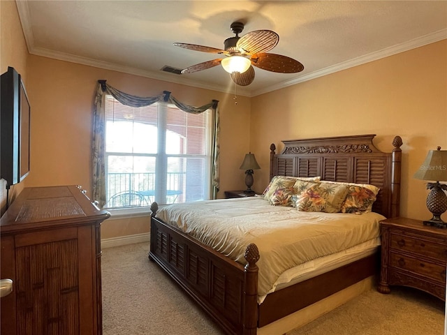 bedroom with light carpet, ornamental molding, and ceiling fan