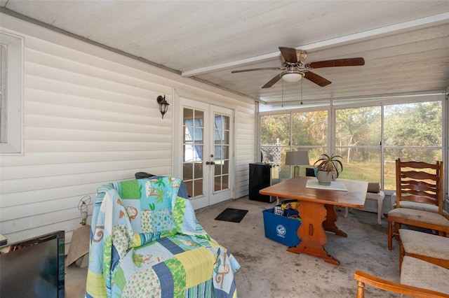 sunroom / solarium with french doors and ceiling fan