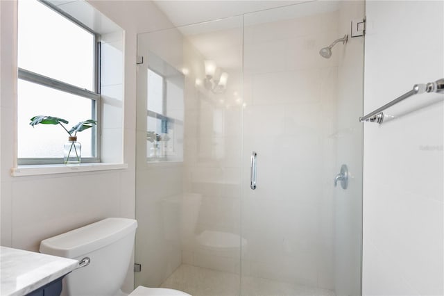 bathroom featuring vanity, toilet, and an enclosed shower