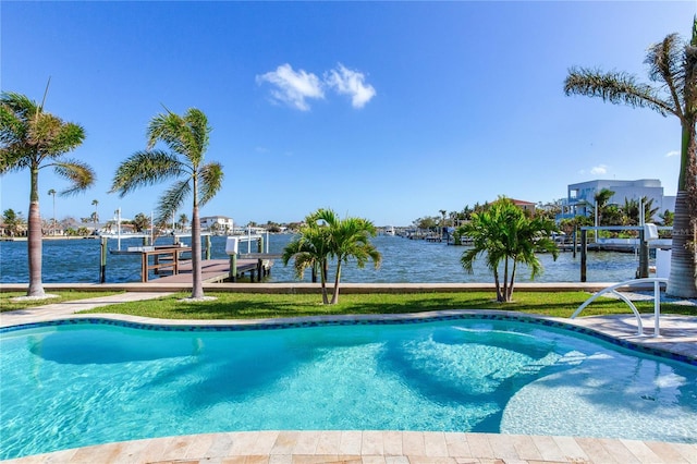 view of pool featuring a dock and a water view