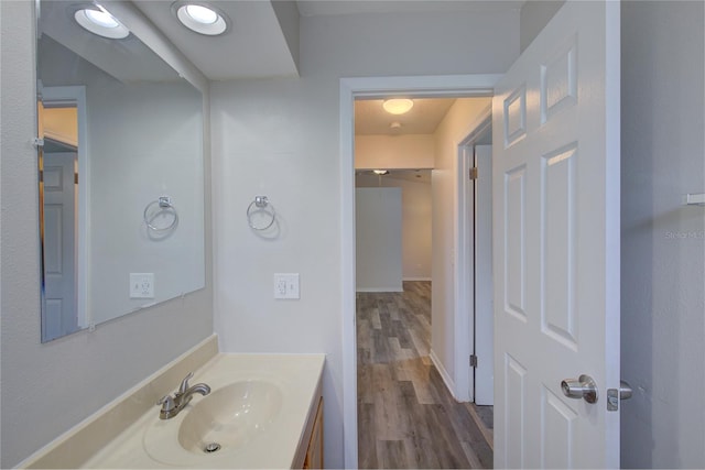 bathroom with hardwood / wood-style flooring and vanity