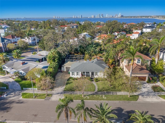 drone / aerial view featuring a water view