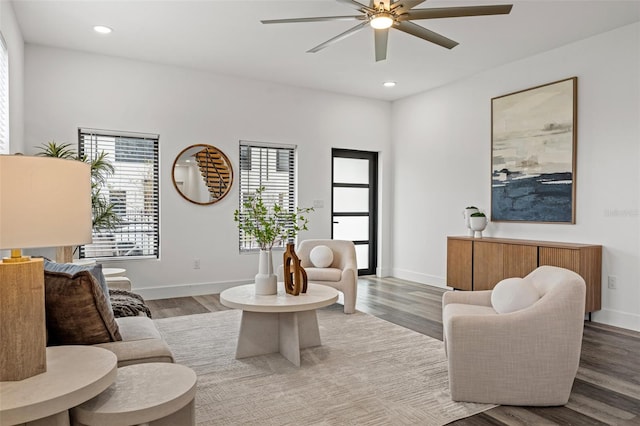 living room with ceiling fan and hardwood / wood-style floors