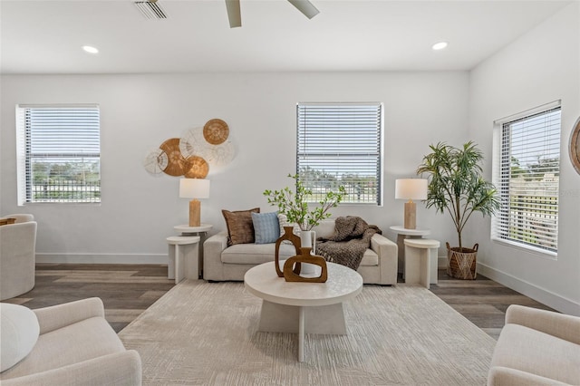 living room with wood-type flooring and ceiling fan