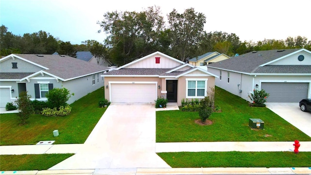 single story home featuring a front yard and a garage