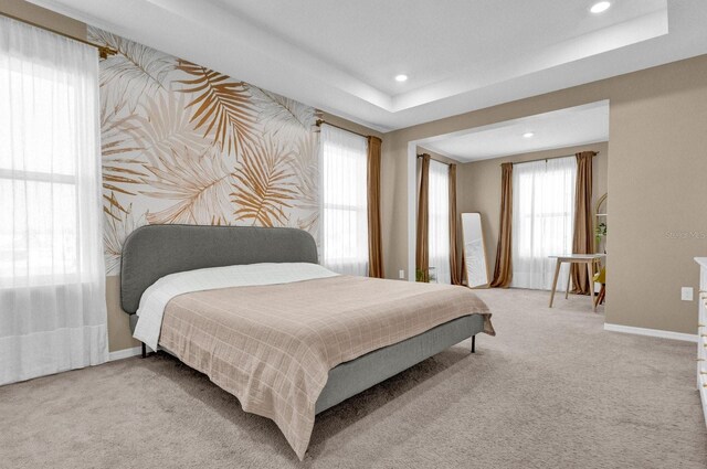 bedroom with a tray ceiling and carpet floors