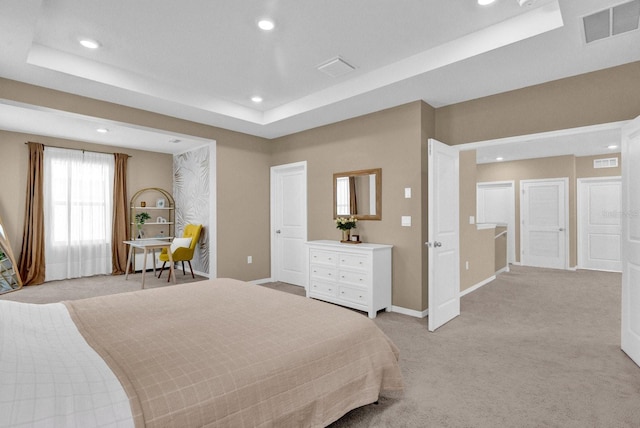 bedroom featuring light colored carpet and a raised ceiling