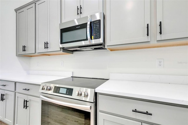 kitchen featuring gray cabinets and appliances with stainless steel finishes