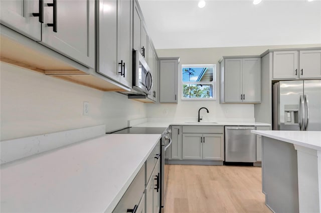 kitchen with appliances with stainless steel finishes, gray cabinetry, sink, and light hardwood / wood-style floors