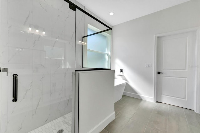 bathroom featuring separate shower and tub and tile patterned flooring