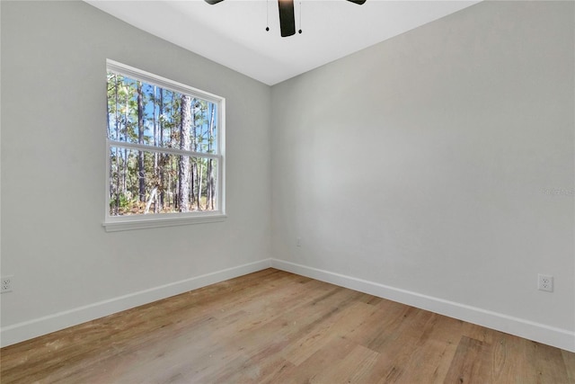 empty room with ceiling fan and light hardwood / wood-style flooring