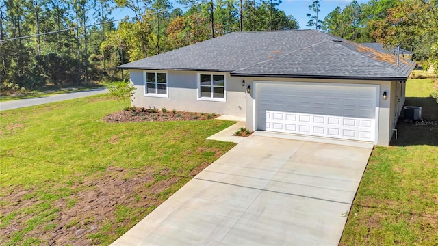 ranch-style house with a front yard, central AC, and a garage