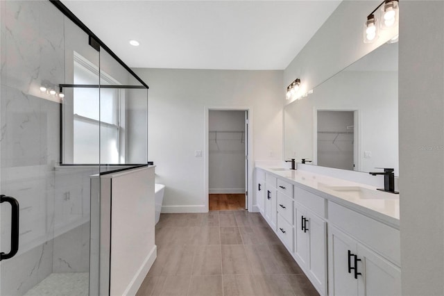 bathroom with vanity and plus walk in shower