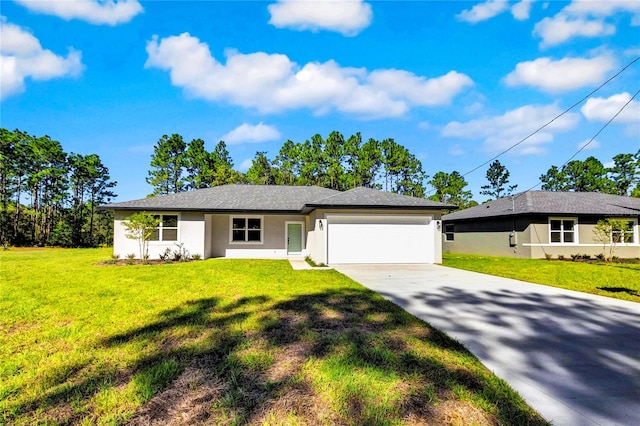 ranch-style home featuring a front yard and a garage