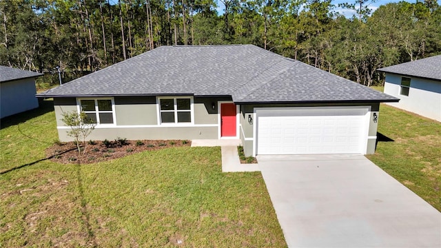 single story home with a front lawn and a garage