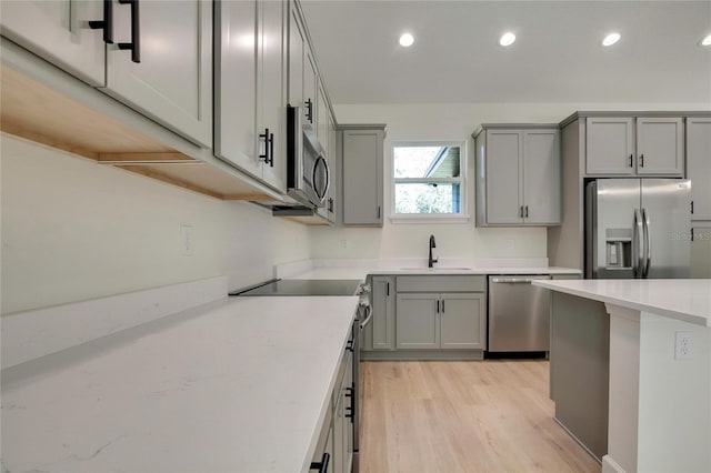 kitchen with light hardwood / wood-style floors, stainless steel appliances, sink, and gray cabinetry