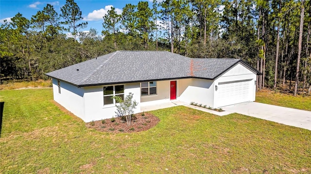 ranch-style house with a front yard and a garage