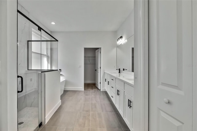 bathroom with vanity, separate shower and tub, and tile patterned flooring