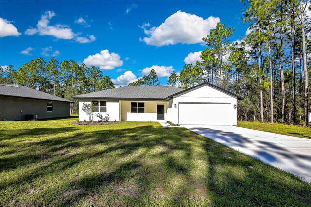 single story home with a front yard, a garage, and cooling unit