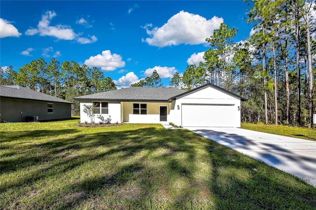 8118 N Santos Dr, Citrus Springs, FL 34434 - ranch-style home with an attached garage, driveway, a front lawn, central AC unit, and stucco siding