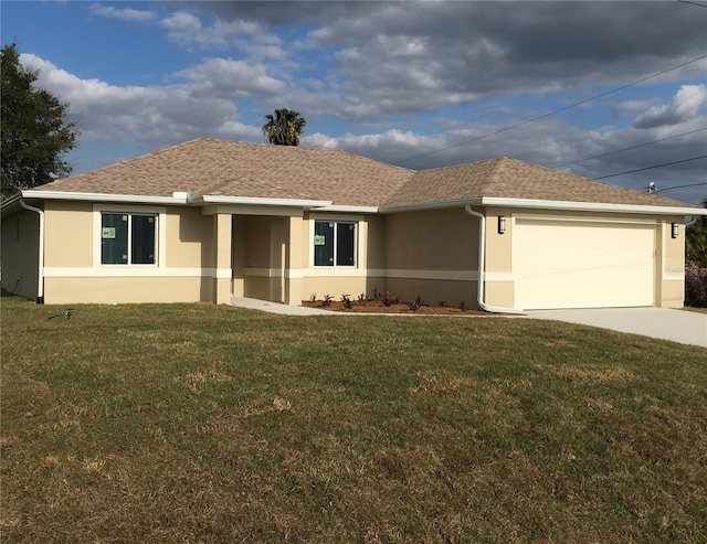 ranch-style house with a front yard and a garage