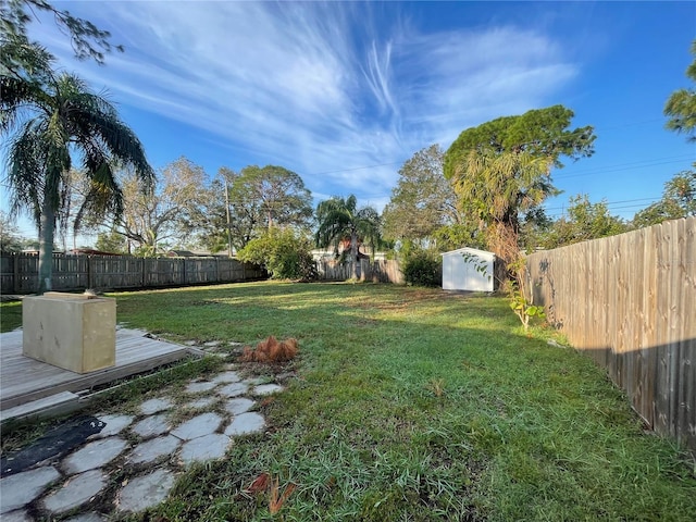 view of yard with a deck and a storage unit