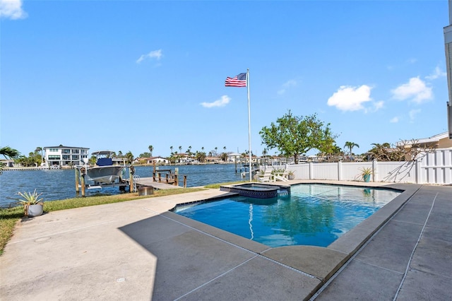 view of pool featuring a patio, a boat dock, an in ground hot tub, and a water view