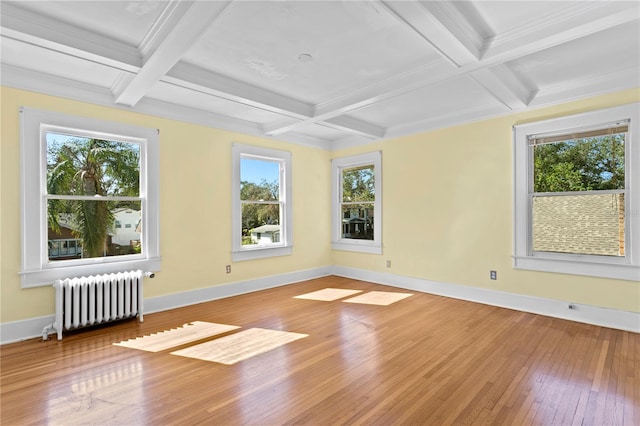 unfurnished sunroom featuring radiator, beamed ceiling, and plenty of natural light