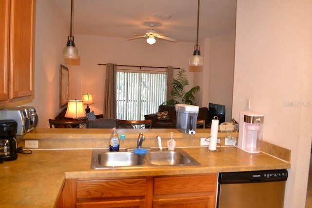 kitchen with hanging light fixtures, ceiling fan, sink, and dishwasher